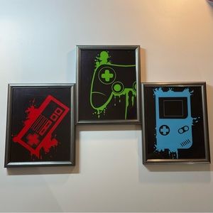 Set of 3 framed video game controllers gaming gamer wall art decor Nintendo Xbox